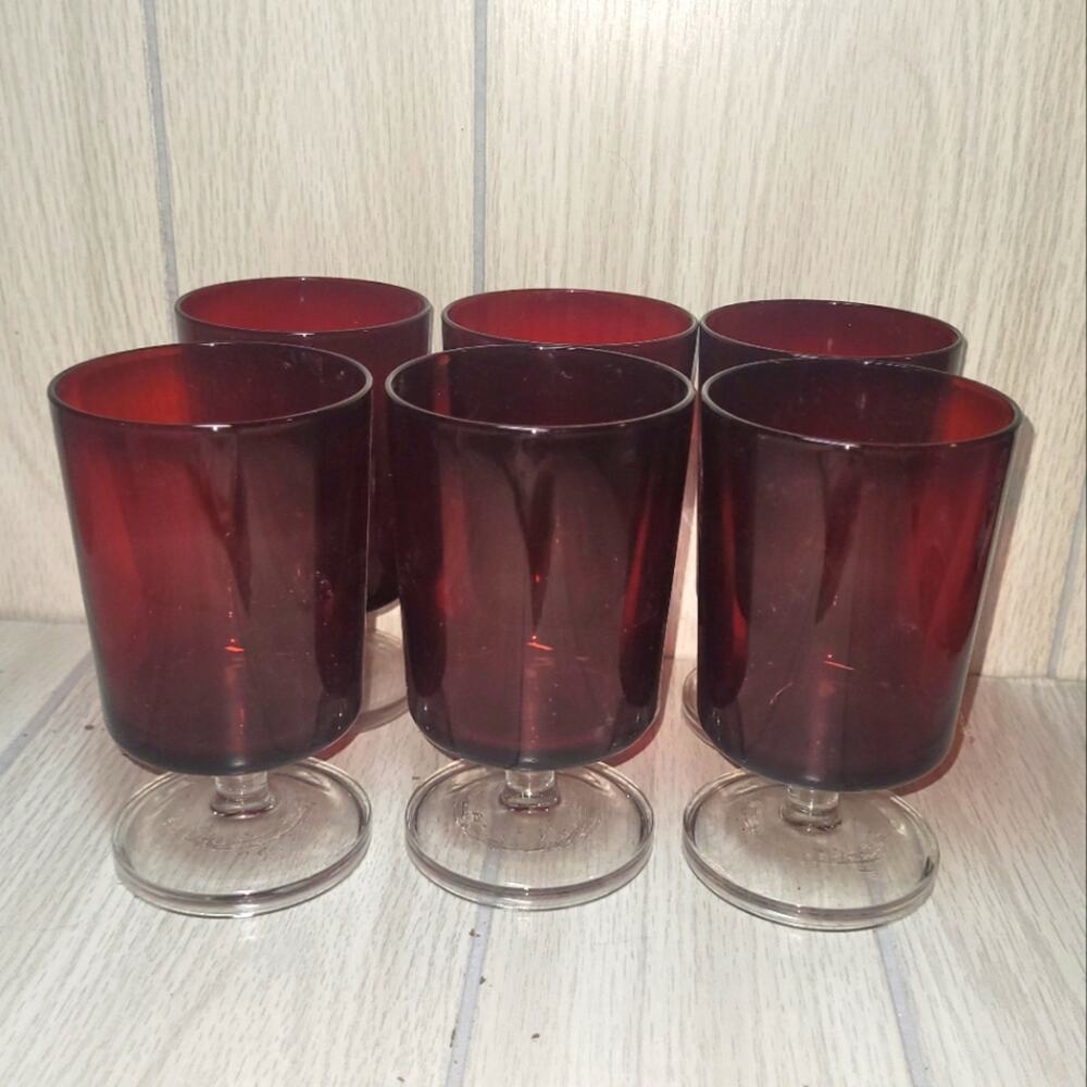 Vintage Ruby Red Goblets France Cavalier Crystal Wine Glasses Barware MCM